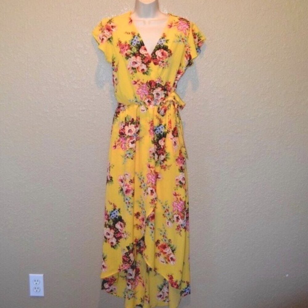 Sz M Scobe Boho Yellow Floral Midi Wrap Dress